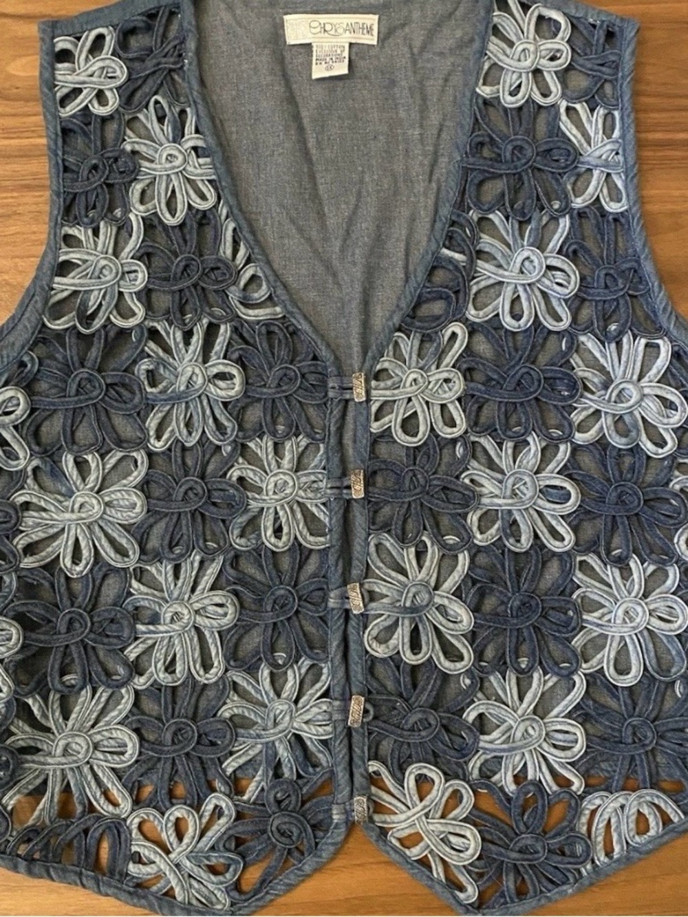 Chrysanthemum 1X Denim Floral Applique Vest Boho Cottagecore